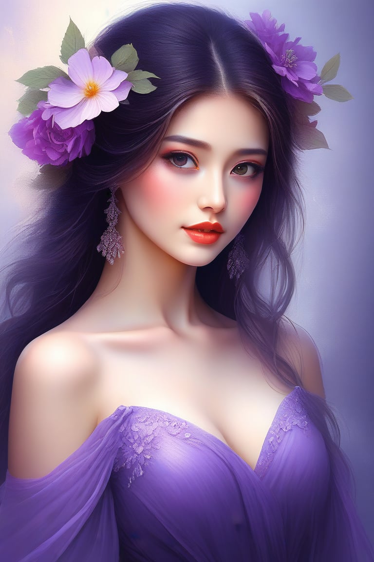 a close up of a woman in a dress with a flower on her head, a beautiful artwork illustration, beautiful illustration, by Li Song, by Ni Tian, by Chen Lin, beautiful!!! digital art, exquisite digital illustration, beautiful digital illustration, by Yu Zhiding, dreamy illustration, by Mei Qing, draped in purple, by Xie Sun, dressed in purple
