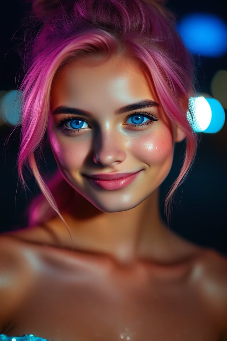 (RAW photo) night scene, close-up photo of a sexy girl, posing, looking at the viewer, smiling, pink hair in a ponytail, (blue eyes), handsome young face, 18 yo, soft volumetric lights, soft key and fill lighting, (backlit: 1.3), (cinematic: 1.3), intricate details, (ArtStation: 1.2), skin spots, (freckles: 0.9), detailed eyes, micro details, FUJI XT3, photorealistic, photorealism
