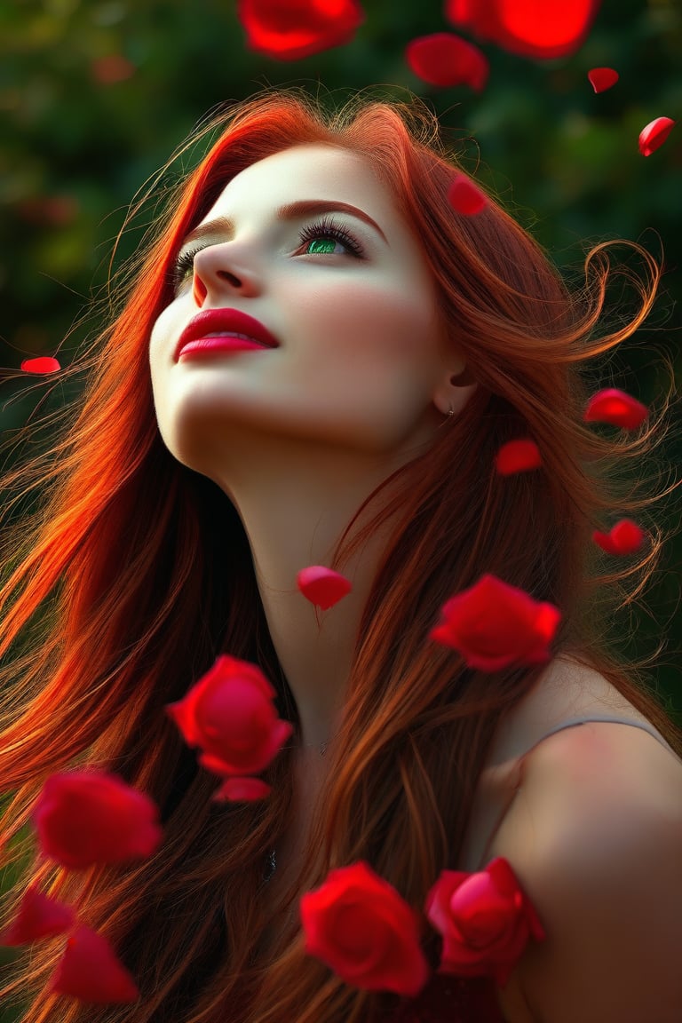 (best quality, realistic, ultra-detailed), a beautiful woman looking up, hair blowing in the wind, and red rose petals falling. perfect makeup, detailed eyes, and lips, long flowing red hair and green eyes, graceful pose, vibrant colors, soft lighting, romantic atmosphere, elegant and confident expression, delicate features, flowing dress, natural surroundings, dreamy ambiance. canon eos r3, 20 megapixels
