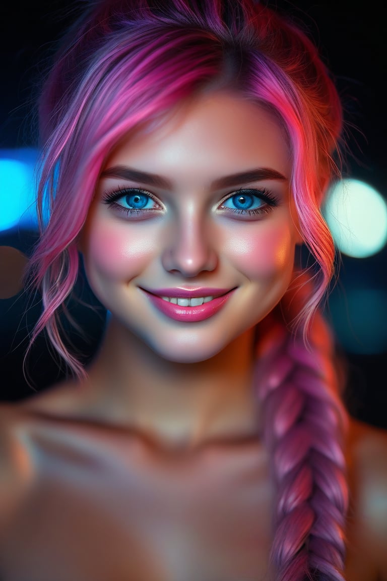 (RAW photo) night scene, close-up photo of a sexy girl, posing, looking at the viewer, smiling, pink hair in a ponytail, (blue eyes), handsome young face, 18 yo, soft volumetric lights, soft key and fill lighting, (backlit: 1.3), (cinematic: 1.3), intricate details, (ArtStation: 1.2), skin spots, (freckles: 0.9), detailed eyes, micro details, FUJI XT3, photorealistic, photorealism
