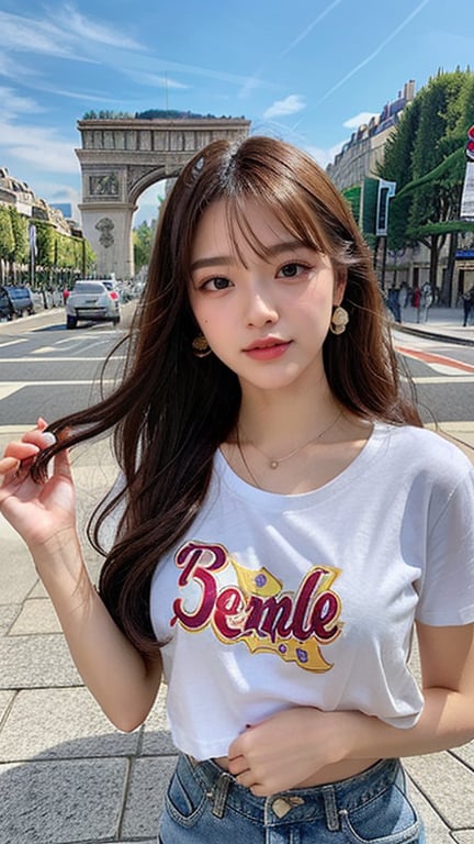 16-year-old Korean woman, long brown hairstyle, simple and fashionable colorful T-shirt and shorts, blue jeans and sneakers, white sneakers, walking on the Arc de Triomphe in France, background, smile, earrings, necklace, 150cm, ( Luan Mei), nice smile,