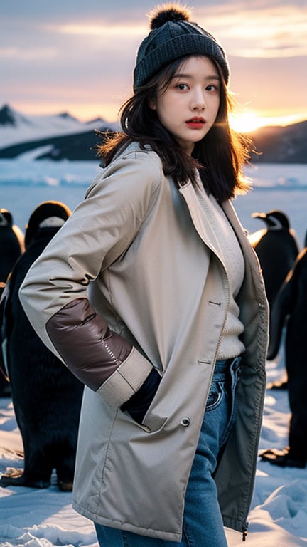 Masterpiece, best quality, ((Colorful Aurora)), a group of Antarctic penguins, snowfield, 1 girl, solo, long brown hair, brown eyes, woolen hat, gloves, coat, denim trousers, looking at the viewer, standing, dynamic vista Shot, bright sunlight, perfect composition, super detailed, official art, detailed background, hyper-realistic, high resolution, background detail enhanced.