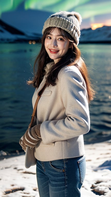 Masterpiece, Top Quality, ((Colorful Aurora)), Penguin colony in Antarctica, snow field, 1 girl, 16 years old, nice smile, teeth, solo, long brown hair, brown eyes, wool hat, gloves , coat, denim pants, looking at the viewer, standing, dynamic vista shot, bright sunlight, perfect composition, super detailed, official art, detailed background, surreal, high resolution, background details​ has been strengthened.