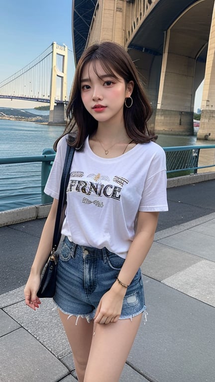 16 year old Korean woman, smiling, long brown hair, simple and fashionable colorful T-shirt and shorts, blue jeans and sneakers, white sneakers, walking with a view of the world's tallest bridge "Pont Millau" with France in the background ,shoulder bag, earrings, necklace, 150cm, smile, (Luanmei)