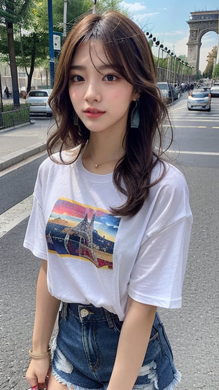 16-year-old Korean woman, long brown hairstyle, simple and fashionable colorful T-shirt and shorts, blue jeans and sneakers, white sneakers, walking on the Arc de Triomphe in France, background, smile, earrings, necklace, 150cm, ( Luan Mei), nice smile,