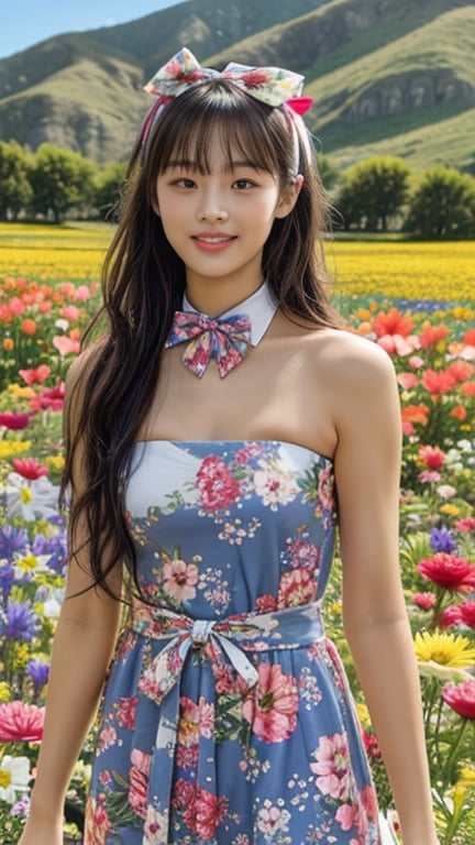 One girl, solo, long hair, looking at the viewer, bangs, brown hair, strapless, colorful floral dress, outdoors, mountain view, in a flower field full of flowers, flowers in hand Has, bowknot, ribbon, hair ribbon, hair band, open lips, bow tie, lips, bowknot, ribbon, realistic, 16 years old, height 150cm, nice smile, teeth, Leonardo