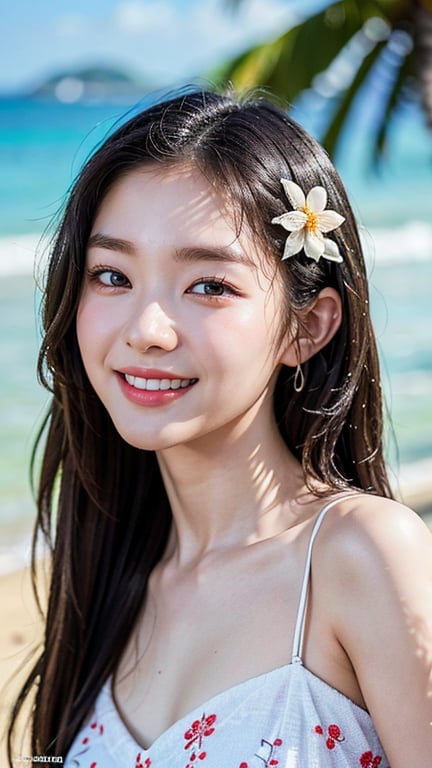 Highly Detailed Eyes, Highly Detailed Face, Top Quality, Tabletop, Highly Detailed, Highly Detailed, (Realistic, Photorealistic: 1.3), Smile, (Looking Ahead), Look at the Beholder, Flower patterned beach dress, 1 girl, beach, swimming, tropical, absurd, attractive, 16 years old, nice smile, hoshi