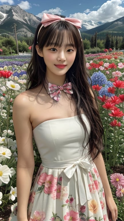 One girl, solo, long hair, looking at the viewer, bangs, brown hair, strapless, colorful floral dress, outdoors, mountain view, in a flower field full of flowers, flowers in hand Has, bowknot, ribbon, hair ribbon, hair band, open lips, bow tie, lips, bowknot, ribbon, realistic, 16 years old, height 150cm, nice smile, teeth, Leonardo