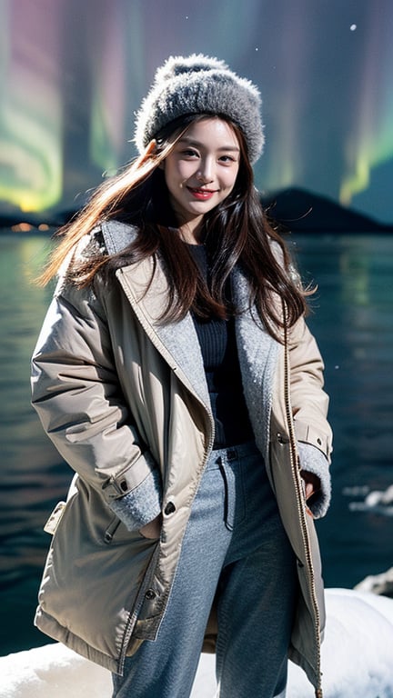 Masterpiece, Top Quality, ((Colorful Aurora)), Penguin colony in Antarctica, snow field, 1 girl, 16 years old, nice smile, teeth, solo, long brown hair, brown eyes, wool hat, gloves , coat, denim pants, looking at the viewer, standing, dynamic vista shot, bright sunlight, perfect composition, super detailed, official art, detailed background, surreal, high resolution, background details​ has been strengthened.