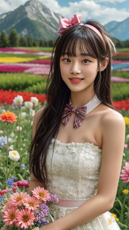 One girl, solo, long hair, looking at the viewer, bangs, brown hair, strapless, colorful floral dress, outdoors, mountain view, in a flower field full of flowers, flowers in hand Has, bowknot, ribbon, hair ribbon, hair band, open lips, bow tie, lips, bowknot, ribbon, realistic, 16 years old, height 150cm, nice smile, teeth, Leonardo