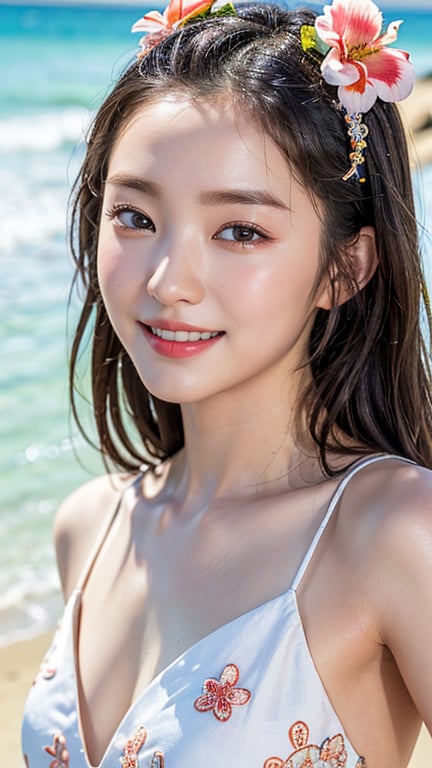 Highly Detailed Eyes, Highly Detailed Face, Top Quality, Tabletop, Highly Detailed, Highly Detailed, (Realistic, Photorealistic: 1.3), Smile, (Looking Ahead), Look at the Beholder, Flower patterned beach dress, 1 girl, beach, swimming, tropical, absurd, attractive, 16 years old, nice smile, hoshi