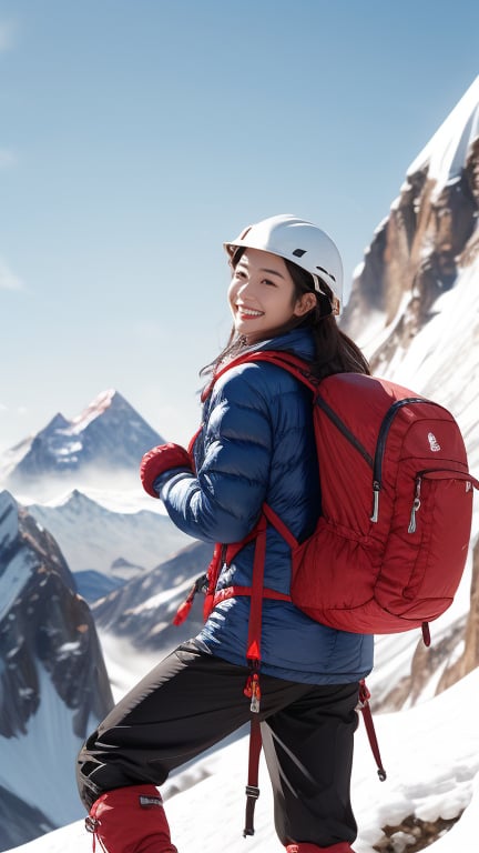 Mount Everest, glacier, explorer, 16 years old, beautiful girl, very long hair, straight hair, brown hair, climbing Mount Everest, smiling, wearing mountaineering clothes, boots and helmet, gloves, backpack, with rope , top quality, 32k, photorealistic, super detailed, finely detailed, high resolution, perfect dynamic composition, beautiful detailed eyes, sharp focus, cowboy shot, front view, Chinese ink painting, nice smile, teeth,