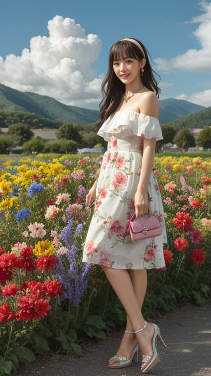 1 girl, solo, long hair, looking at viewer, bangs, brown hair, strapless, full body, colorful floral dress, high heels, outdoors, clouds in the sky, mountain view, flower field, headband, open Lips, lips, real, 16 years old, height 150 cm, adorable smile, teeth, earrings, necklace, shoulder bag, Leonardo