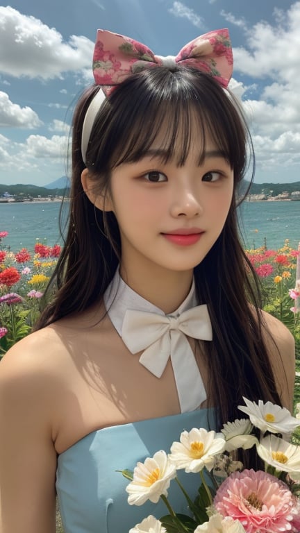 One girl, solo, long hair, looking at the viewer, bangs, brown hair, strapless, colorful floral dress, outdoors, clouds in the sky, sea view, flower field full of flowers, flowers in hand, Bowknot, ribbon, hair ribbon, hairband, open lips, bow tie, lips, bowknot, ribbon, realistic, 16 years old, height 150cm, lovely smile, teeth, Leonardo