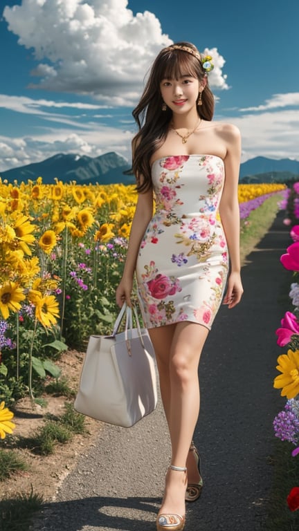 1 girl, solo, long hair, looking at viewer, bangs, brown hair, strapless, full body, colorful floral dress, gold high heels, outdoors, clouds in the sky, mountain view, flower field, headband, open lips, lips, real, 16 years old, 150 cm tall, adorable smile, teeth, earrings, necklace, shoulder bag, Leonardo