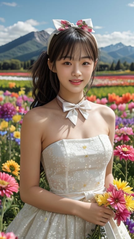 One girl, solo, long hair, looking at the viewer, bangs, brown hair, strapless, colorful floral dress, outdoors, mountain view, in a flower field full of flowers, flowers in hand Has, bowknot, ribbon, hair ribbon, hair band, open lips, bow tie, lips, bowknot, ribbon, realistic, 16 years old, height 150cm, nice smile, teeth, Leonardo