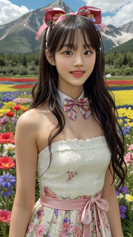 One girl, solo, long hair, looking at the viewer, bangs, brown hair, strapless, colorful floral dress, outdoors, mountain view, in a flower field full of flowers, flowers in hand Has, bowknot, ribbon, hair ribbon, hair band, open lips, bow tie, lips, bowknot, ribbon, realistic, 16 years old, height 150cm, nice smile, teeth, Leonardo