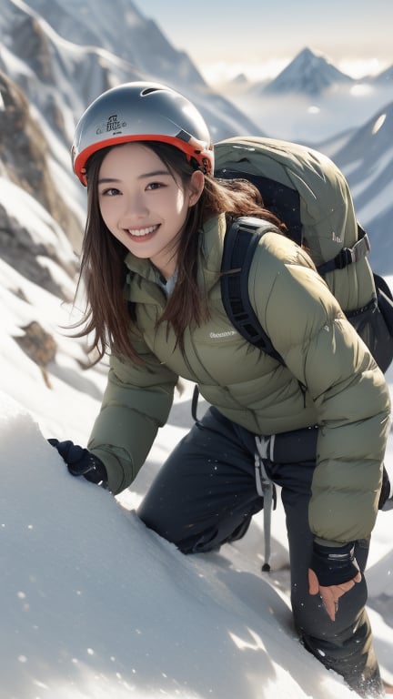 Mount Everest, glacier, explorer, 16 years old, beautiful girl, very long hair, straight hair, brown hair, climbing Mount Everest, smiling, wearing mountaineering clothes, boots and helmet, gloves, backpack, with rope , top quality, 32k, photorealistic, super detailed, finely detailed, high resolution, perfect dynamic composition, beautiful detailed eyes, sharp focus, cowboy shot, front view, Chinese ink painting, nice smile, teeth,