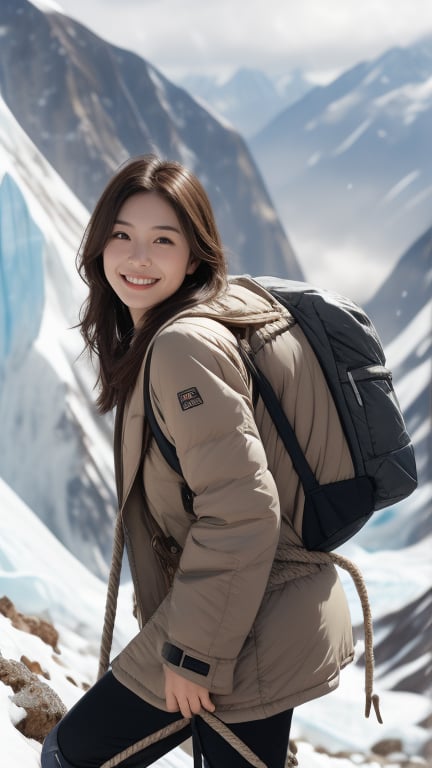 Mount Everest, glacier, explorer, 16 years old, beautiful girl, very long hair, straight hair, brown hair, climbing Mount Everest, smiling, wearing mountaineering clothes, boots and helmet, gloves, backpack, with rope , top quality, 32k, photorealistic, super detailed, finely detailed, high resolution, perfect dynamic composition, beautiful detailed eyes, sharp focus, cowboy shot, front view, Chinese ink painting, nice smile, teeth,