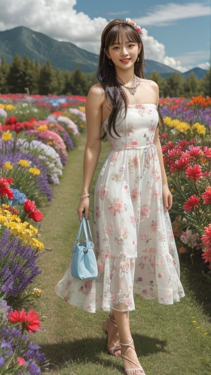 1 girl, solo, long hair, looking at viewer, bangs, brown hair, strapless, full body, pretty face, nice style, colorful floral dress, high heels, outdoors, clouds in the sky, mountain view , flower field, headband, open lips, lips, real, 16 years old, 150 cm tall, adorable smile, teeth, earrings, necklace, shoulder bag, Leonardo