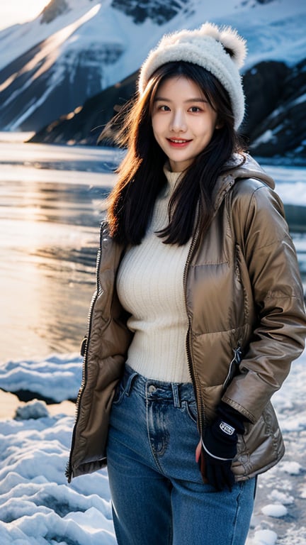 Masterpiece, Top Quality, ((Colorful Aurora)), Penguin colony in Antarctica, snow field, 1 girl, 16 years old, nice smile, teeth, solo, long brown hair, brown eyes, wool hat, gloves , coat, denim pants, looking at the viewer, standing, dynamic vista shot, bright sunlight, perfect composition, super detailed, official art, detailed background, surreal, high resolution, background details​ has been strengthened.