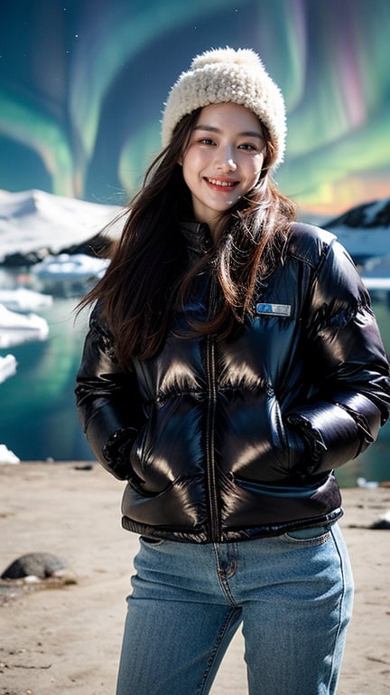 Masterpiece, Top Quality, ((Colorful Aurora)), Penguin colony in Antarctica, snow field, 1 girl, 16 years old, nice smile, teeth, solo, long brown hair, brown eyes, wool hat, gloves , coat, denim pants, looking at the viewer, standing, dynamic vista shot, bright sunlight, perfect composition, super detailed, official art, detailed background, surreal, high resolution, background details​ has been strengthened.