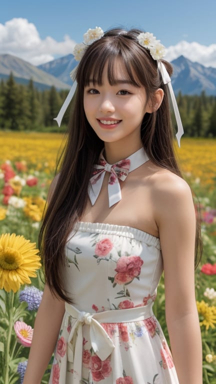 One girl, solo, long hair, looking at the viewer, bangs, brown hair, strapless, colorful floral dress, outdoors, mountain view, in a flower field full of flowers, flowers in hand Has, bowknot, ribbon, hair ribbon, hair band, open lips, bow tie, lips, bowknot, ribbon, realistic, 16 years old, height 150cm, nice smile, teeth, Leonardo