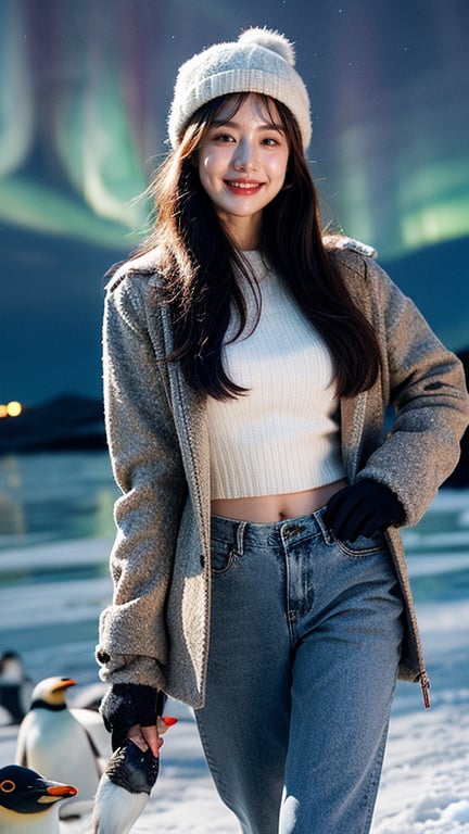 Masterpiece, Top Quality, ((Colorful Aurora)), Penguin colony in Antarctica, snow field, 1 girl, 16 years old, nice smile, teeth, solo, long brown hair, brown eyes, wool hat, gloves , coat, denim pants, looking at the viewer, standing, dynamic vista shot, bright sunlight, perfect composition, super detailed, official art, detailed background, surreal, high resolution, background details​ has been strengthened.