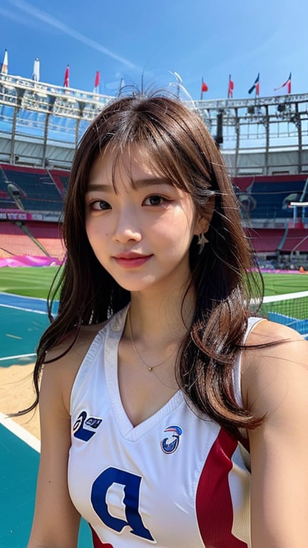 16-year-old Korean woman, smiling, long brown hair, Japanese female volleyball player's top and bottom equipment red (ASICS), participating in the Olympic Stadium in France, the cauldron is visible, the dove of peace is flying, earrings, Necklace, 150cm, lovely smile, (Luanmei)