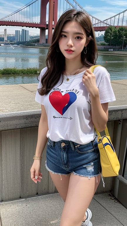 16 year old Korean woman, smiling, long brown hair, simple and fashionable colorful T-shirt and shorts, blue jeans and sneakers, white sneakers, walking with a view of the world's tallest bridge "Pont Millau" with France in the background , red shoulder bag, earrings, necklace, 150cm, smile, (Luanmei)