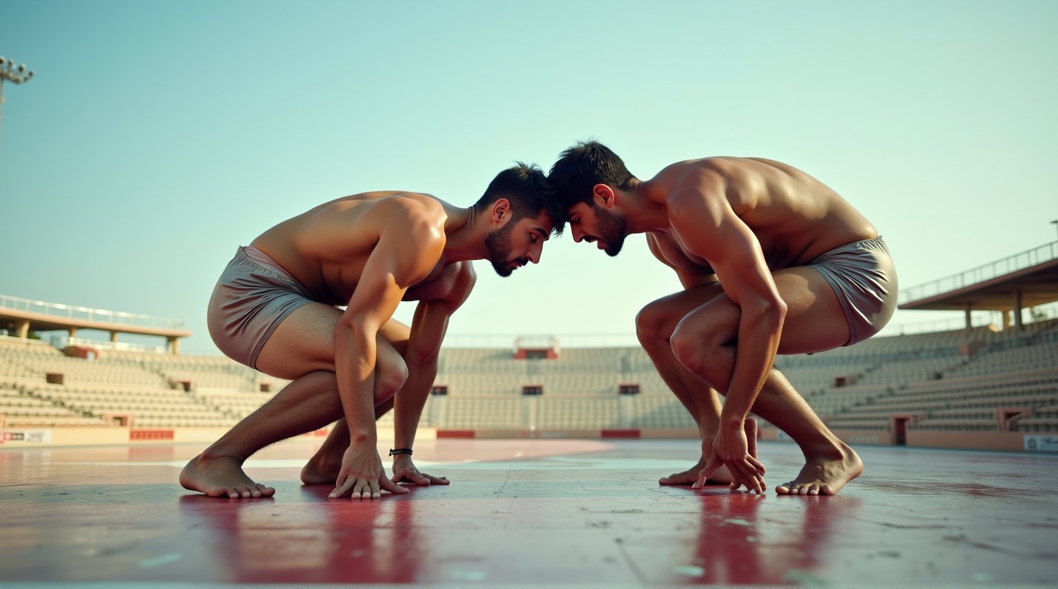 A dynamic, close-up shot of two Greco-Roman wrestlers, their chiseled bodies glistening in the warm light of a sun-drenched arena. Their faces, determined and focused, are bent towards the mat as they wrestle nude, hands grasping for each other's arms and bare feet tangling in a fierce struggle.