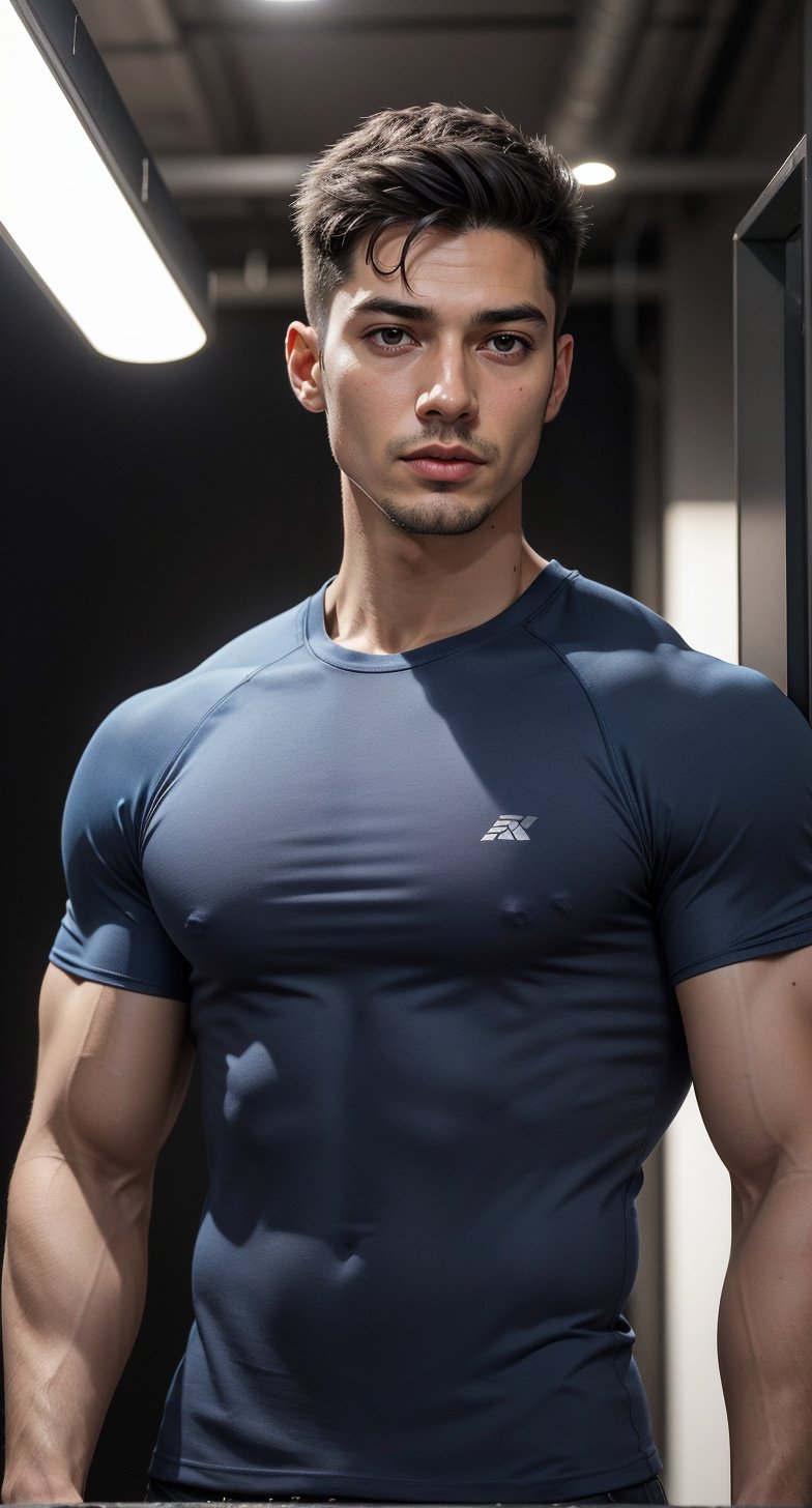 Close-up shot of the Asian model's chiseled features: sharp jawline, defined cheekbones, and piercing blue eyes gazing directly into the camera lens. Soft, overhead lighting highlights his lean physique as he stands confidently in front of a sleek metallic background, fitted T-shirt accentuating his toned physique, exuding confidence and masculinity.