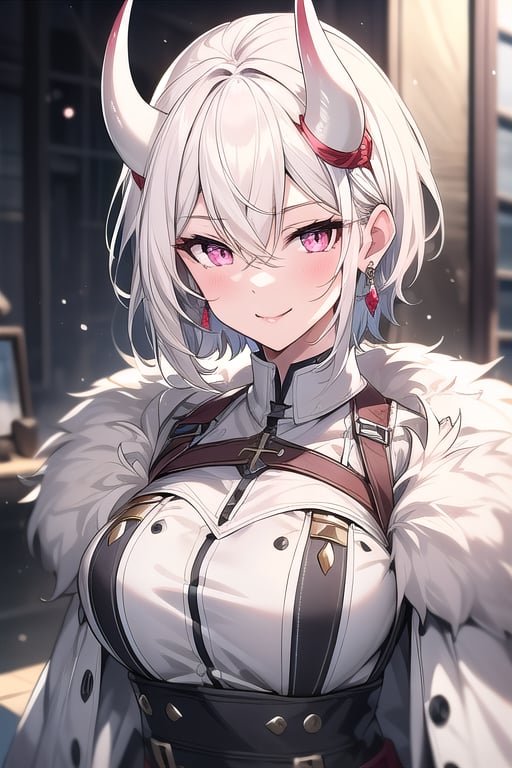 A woman, alone, looking at the viewer, horns on her head, shy, smile, short hair, bangs, pink eyes, earrings, gloves, curled corners, hair between eyes, jewelry, upper body, white hair, closed mouth, white Gloves, white suspenders, white fur trim, more white clothes, more white elements