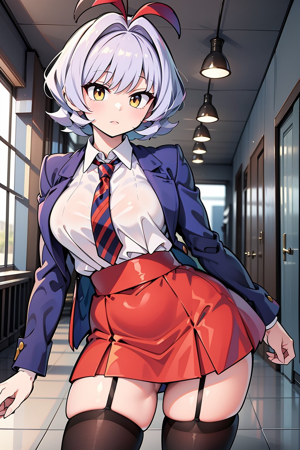 A close-up shot of Najimi KCC's determined expression, her short hair styled with antenna-like hair accessories. Her bright yellow eyes shine with intensity as she gazes straight ahead, wearing a crisp blue blazer adorned with the itan private high school uniform insignia. A bold red and black striped necktie adds a pop of color to her outfit, which is completed by a striking red and black striped short skirt that showcases her toned legs. Black thigh-highs add an edgy touch to her overall look, exuding a sense of confidence and sass as she poses with a fiery passion.