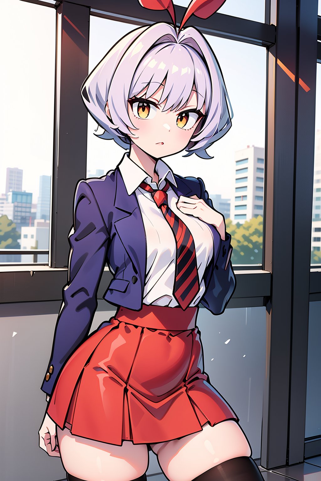 A close-up shot of Najimi KCC's determined expression, her short hair styled with antenna-like hair accessories. Her bright yellow eyes shine with intensity as she gazes straight ahead, wearing a crisp blue blazer adorned with the itan private high school uniform insignia. A bold red and black striped necktie adds a pop of color to her outfit, which is completed by a striking red and black striped short skirt that showcases her toned legs. Black thigh-highs add an edgy touch to her overall look, exuding a sense of confidence and sass as she poses with a fiery passion.