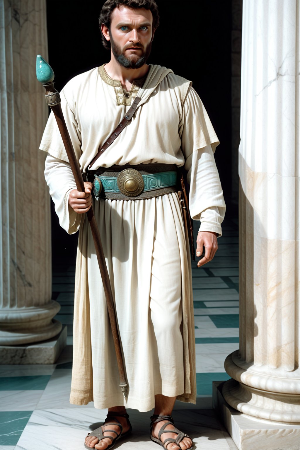 A scene from the Bronze Age A full-body depiction.
A man with light-coloured skin and dark hair and a short beard.
He has amber-coloured eyes.
He is wearing ancient Greek clothes consisting of a long grey and white robe with long sleeves and a turquoise fabric belt.
He is wearing sandals.
He is holding a long staff in his hand.
A hall with white marble columns can be seen in the background.