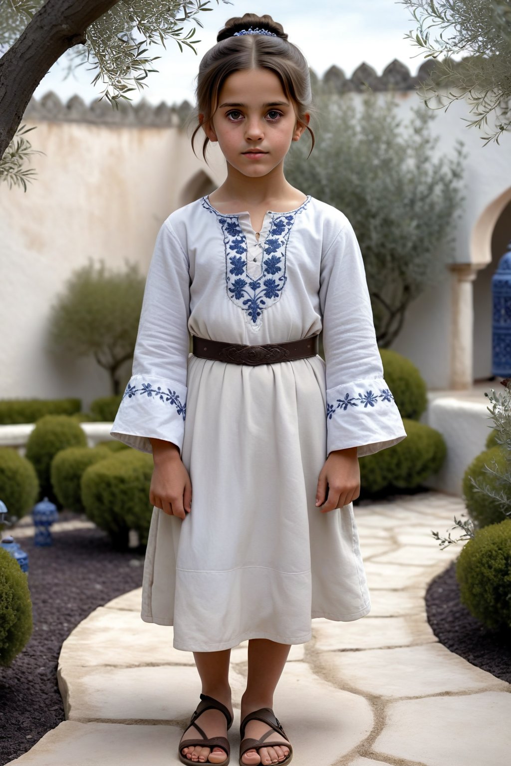 A scene from the Bronze Age.
A full-body representation.

A girl (aged seven) with olive-colored skin and a dark bun in an Arabian garden.
She is wearing a white tunic in the North African style with a bell neckline and sandals.
There is blue and gray embroidery on the collar.