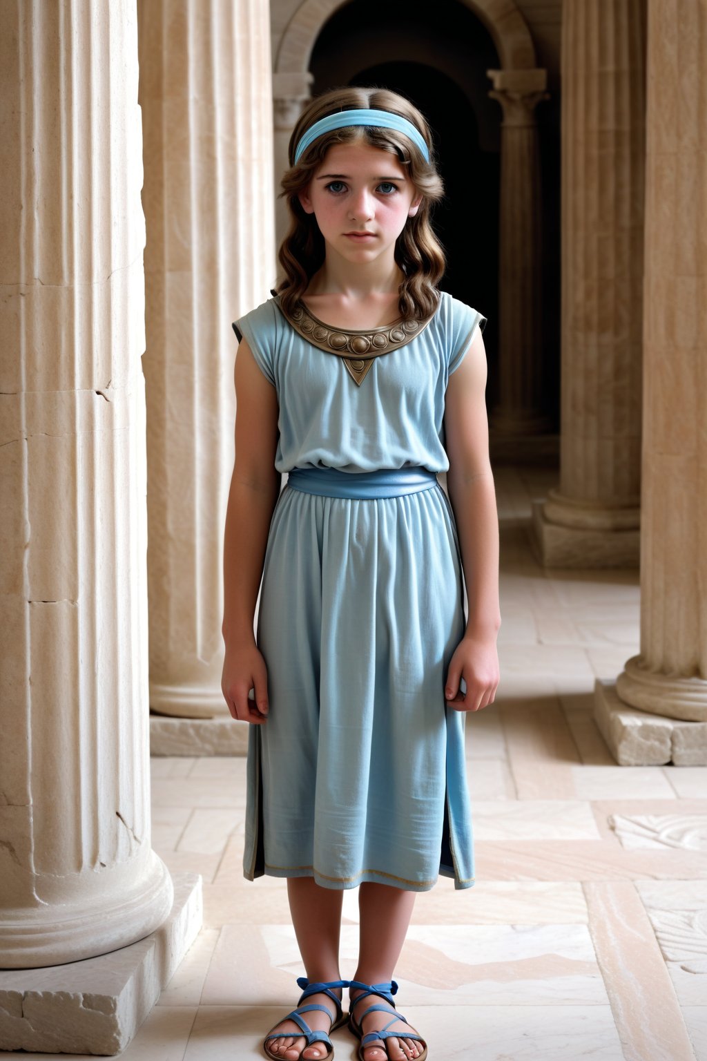 A scene from the Bronze Age:
A full-body representation:

A girl (aged 12) with brown hair and standing in a columned hall in the style of ancient Greece.
She is wearing ancient Greek clothing, consisting of a light blue tunic with a blue hip sash and leather sandals.
She is wearing a blue hairband.
A gate with a pointed arch can be seen in the background.