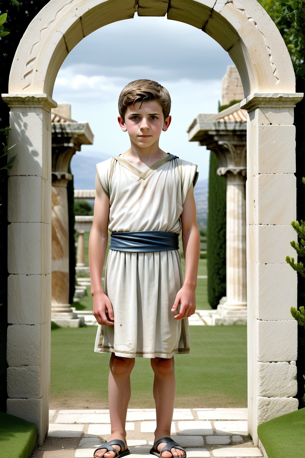 A scene from the Bronze Age:
A full-body representation:
A boy (aged 12) with cropped hair in a palace garden in the style of ancient Greece.
He is wearing ancient Greek clothing, consisting of a grey and white tunic, a blue hip sash and leather sandals.
A gate with a pointed arch can be seen in the background.