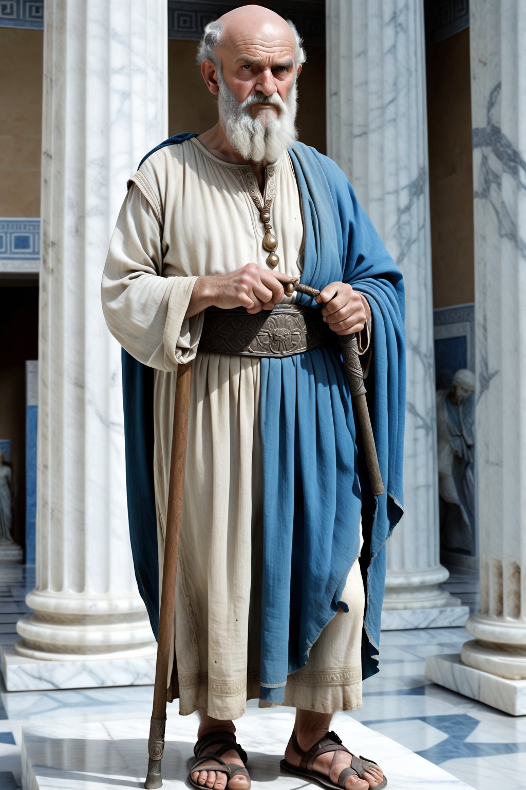 A scene from the Bronze Age A full-body depiction.
An old man with a half bald head and grey beard.
He is wearing antique Greek clothes consisting of a long grey and white robe with long sleeves and a blue cloth belt.
He wears sandals.
He is holding a long staff in his hand.
A hall with white marble columns can be seen in the background.