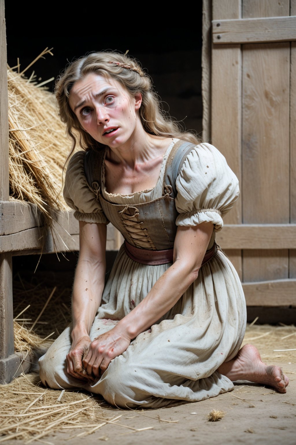 A full-body representation:
A scene from the Middle Ages.
A human woman in a stable with straw on the floor.
She has light brown, unkempt hair and pointed ears.
She is dressed in the tattered remains of a dress.
She is barefoot.