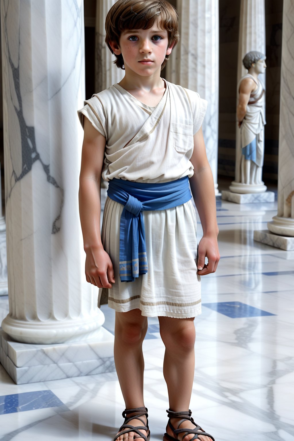 A scene from the Bronze Age A full-body depiction.
A boy of primary school age (9 years) with short brown hair and light-coloured skin.
He is wearing ancient Greek clothes in the form of a grey and white tunic with a blue sash around his waist and sandals.
A hall with white marble columns can be seen in the background.