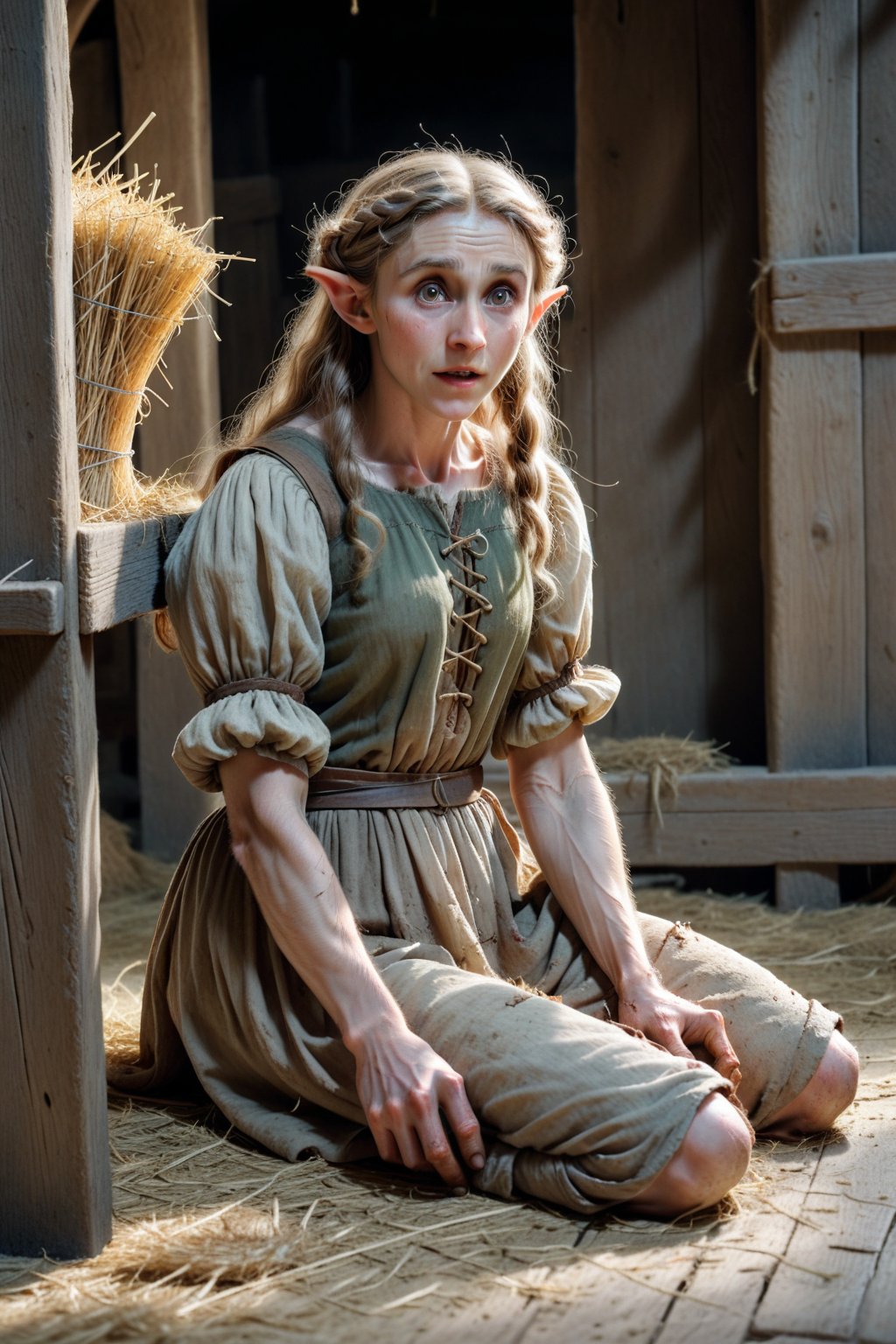 A full-body representation:
A scene from the Middle Ages.
An elf in a stable with straw on the floor.
She has light brown, unkempt hair and pointed ears.
She is dressed in the ragged, torn remains of a dress.
She is barefoot.