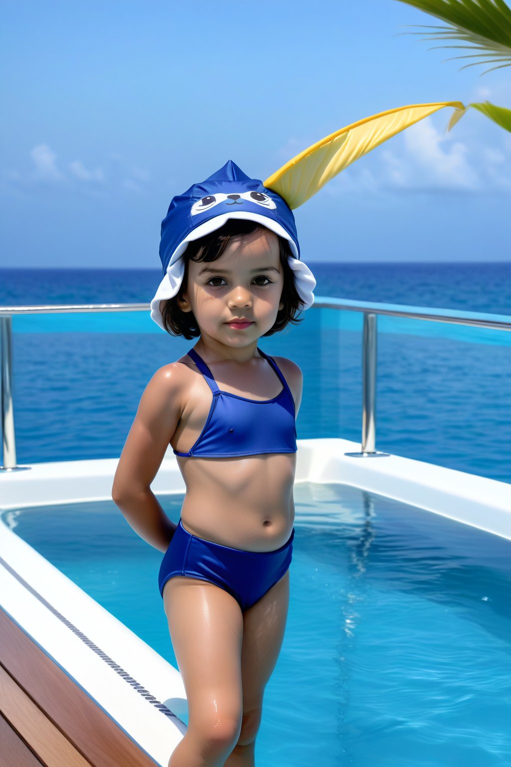 A full body representation: A little girl (3 years) with olive-coloured skin and a dark bob at the edge of a pool on the d...