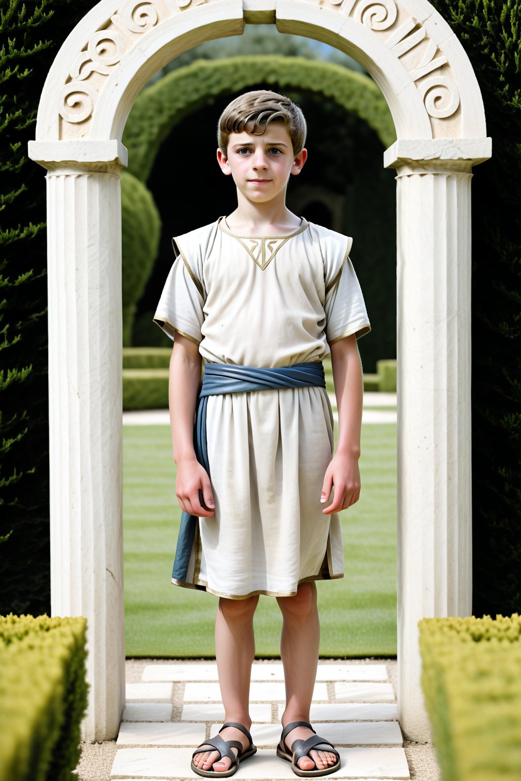 A scene from the Bronze Age:
A full-body representation:
A boy (aged 12) with cropped hair in a palace garden in the style of ancient Greece.
He is wearing ancient Greek clothing, consisting of a grey and white tunic, a blue hip sash and leather sandals.
A gate with a pointed arch can be seen in the background.