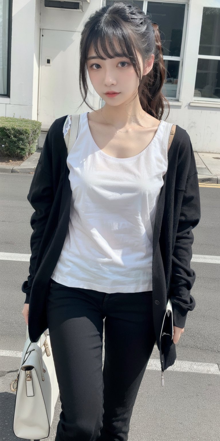 Black hair, Long hair, Low ponytail, Blue T-shirt, Black cardigan, Black pants, Gray sneakers, Japanese girl, Slender, realistic, outdoor