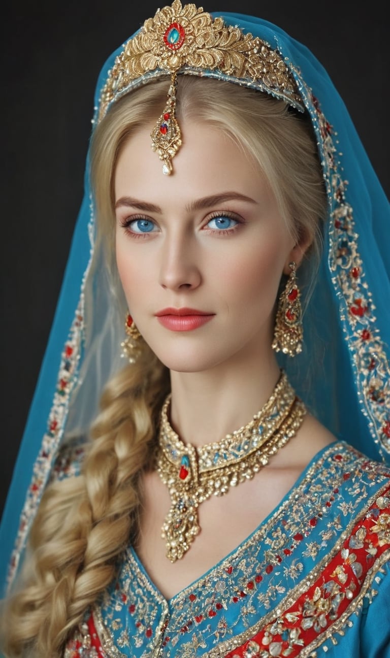 A woman of Scandinavian descent, long beautiful blonde hair, blue eyes, perfect beauty, wearing a beautiful traditional Tajik bridal costume.The luxurious dress is intricately embroidered in gold and red and is very colorful. full of happiness,
,emo,hubggirl,masterpiece