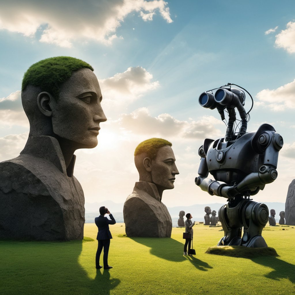 A serene grass landscape, the sky is clouded, the sun is low on horizon, Gigantic rock statues showing heads holding binoculars, in the foreground the silhouette of a human-like robot with a briefcase..