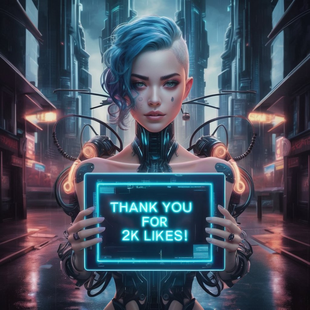 A stunning digital painting featuring a cyberpunk-inspired beauty, with flawless features and striking blue hair. She holds an electronic neon display screen in her hands, showcasing the words "THANK YOU FOR 2K LIKES!" Behind her, towering futuristic city skyscrapers loom, casting a reflection on the glistening streets. The screen emits a vibrant glow, perfectly complementing her intricate cybernetic enhancements. The overall ambiance is a mesmerizing blend of beauty, innovation, and urban grit.