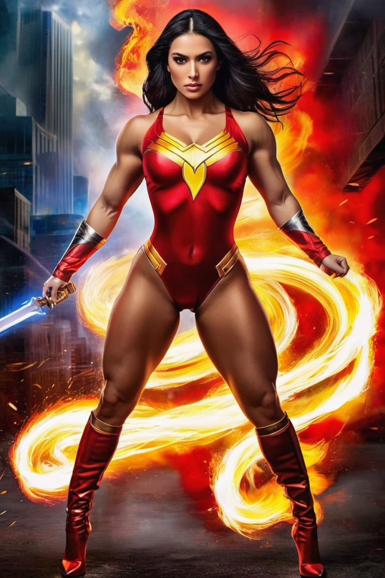 A powerful and dynamic full-body portrait of Candela, a (muscular: 1.2) Latina warrior with a vibrant and fiery temperament. She has long, sleek black hair and intense brown eyes. She wears a high-quality, red, form-fitting superhero leotard that accentuates her strong physique. Her stance is confident and commanding, embodying her warrior spirit. The background features a dramatic and intense atmosphere that complements her fierce presence. More detail XL.,fire element,composed of fire elements